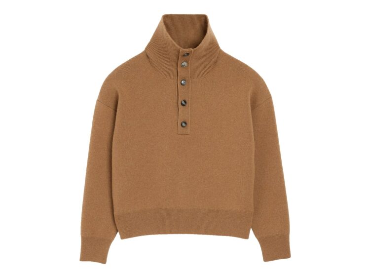 Ami Paris High Buttoned Collar Wool Sweater Camel