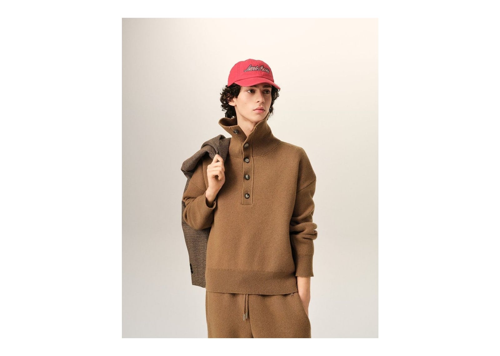 Ami Paris High Buttoned Collar Wool Sweater Camel - görsel 2