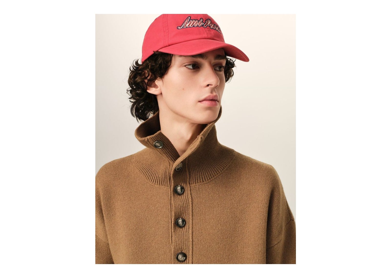 Ami Paris High Buttoned Collar Wool Sweater Camel - görsel 4