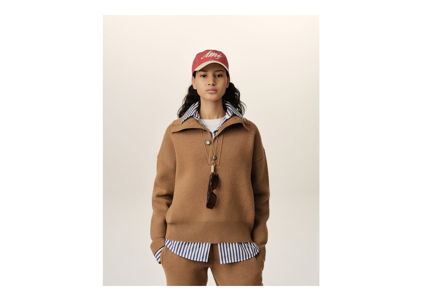 Ami Paris High Buttoned Collar Wool Sweater Camel - görsel 8