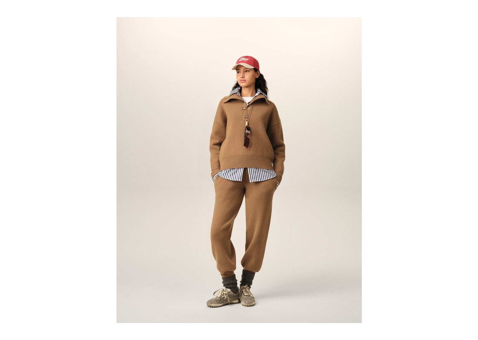 Ami Paris High Buttoned Collar Wool Sweater Camel - görsel 9
