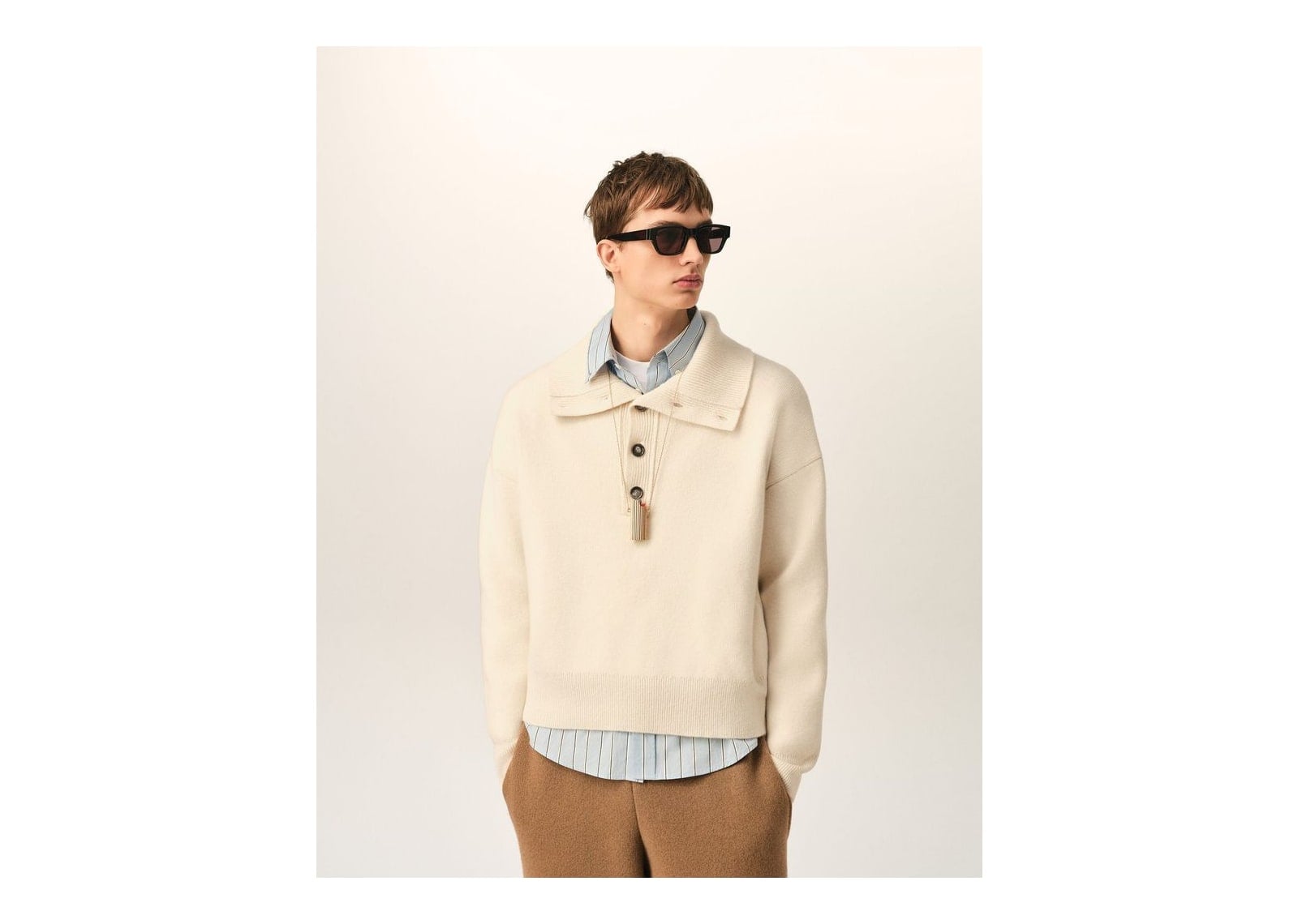 Ami Paris High Buttoned Collar Wool Sweater Ivory - görsel 2