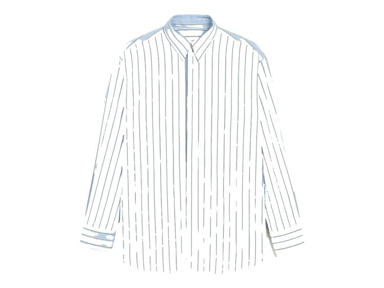 Ami Paris Large Striped Cotton Shirt with Removable Collar Cashmere Blue/Ivory
