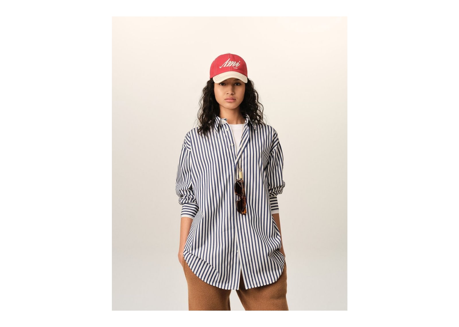 Ami Paris Large Striped Cotton Shirt with Removable Collar Royal Blue/White - görsel 8