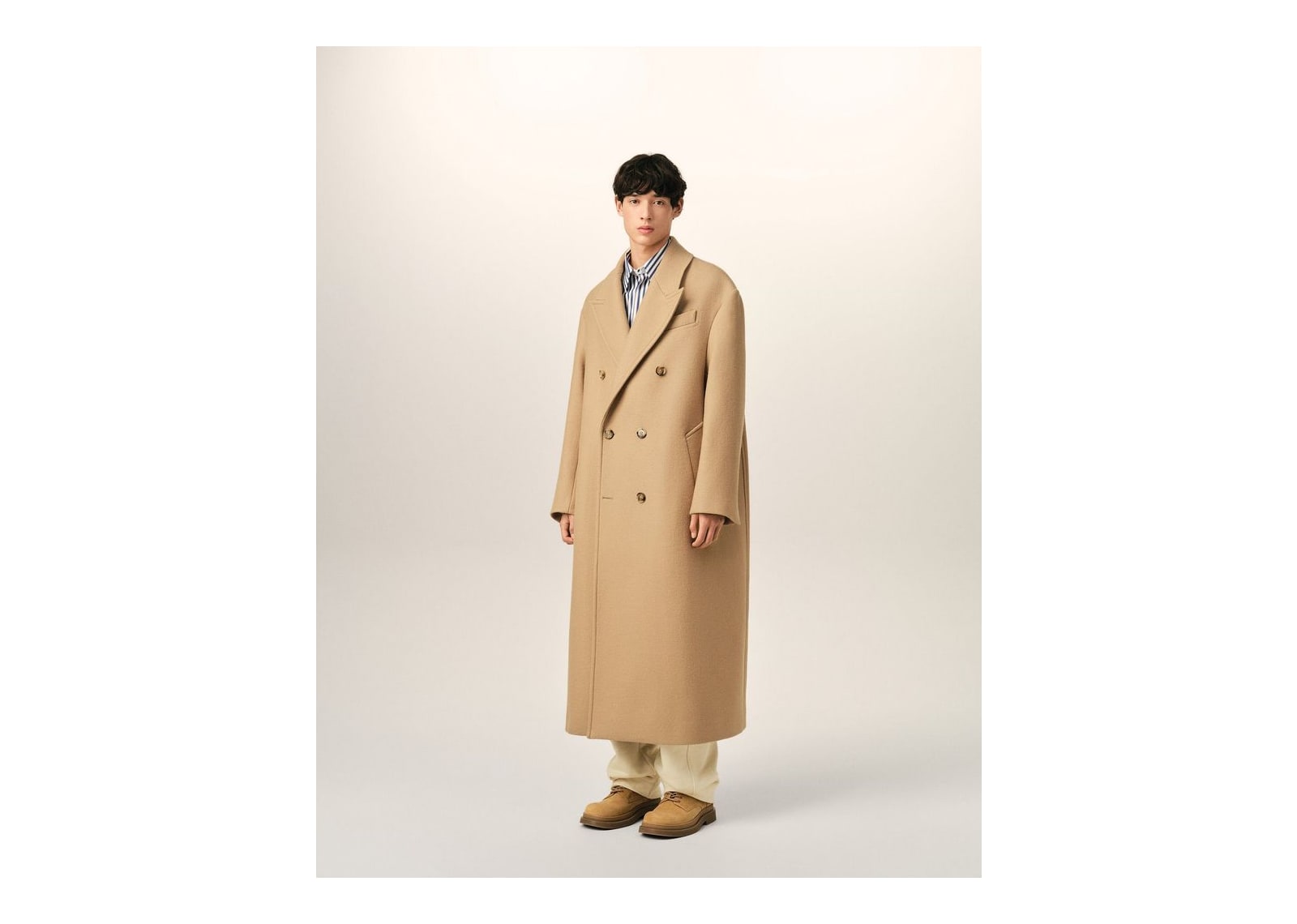 Ami Paris Long Double Breasted Wool Coat Mastic Beige - görsel 6