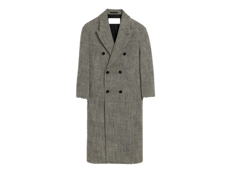 Ami Paris Long Double Breasted Wool Herringbone Coat Black/Ivory