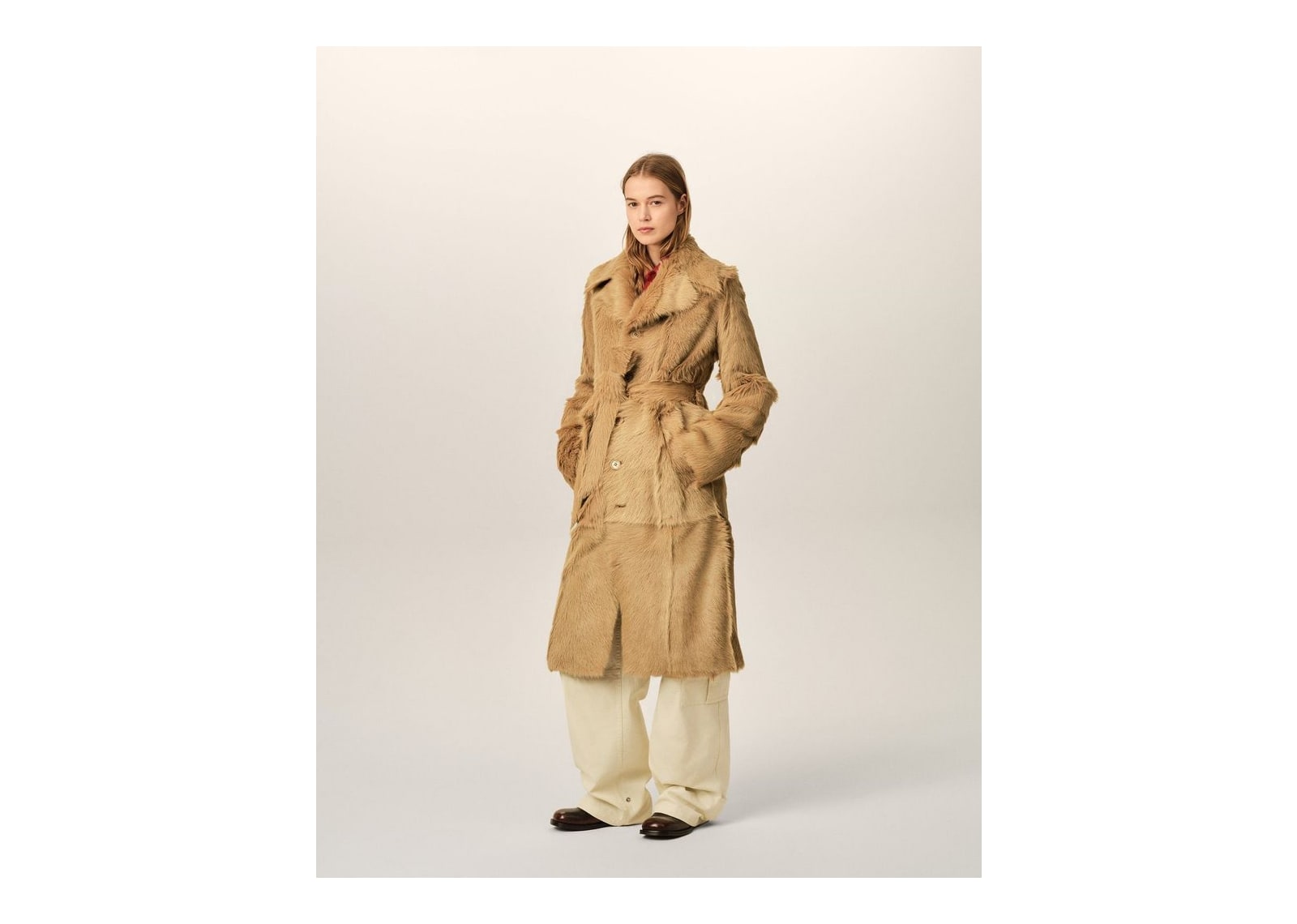 Ami Paris Long Goat Leather Belted Coat Mastic Beige - görsel 12