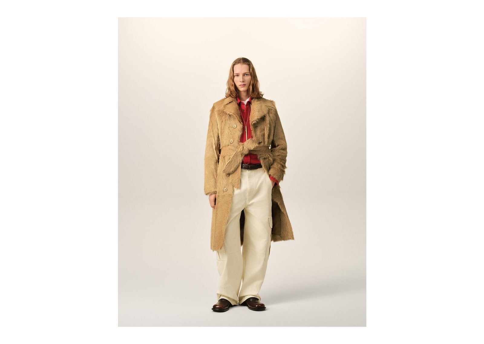 Ami Paris Long Goat Leather Belted Coat Mastic Beige - görsel 2