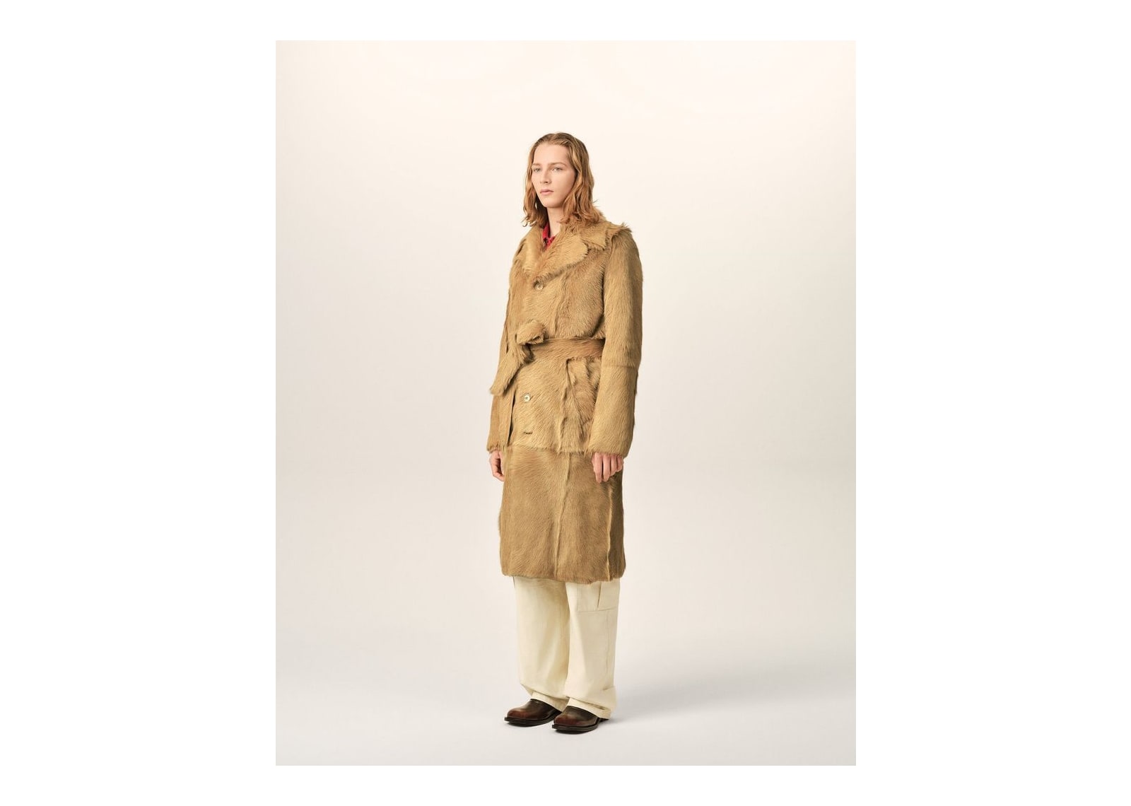 Ami Paris Long Goat Leather Belted Coat Mastic Beige - görsel 6