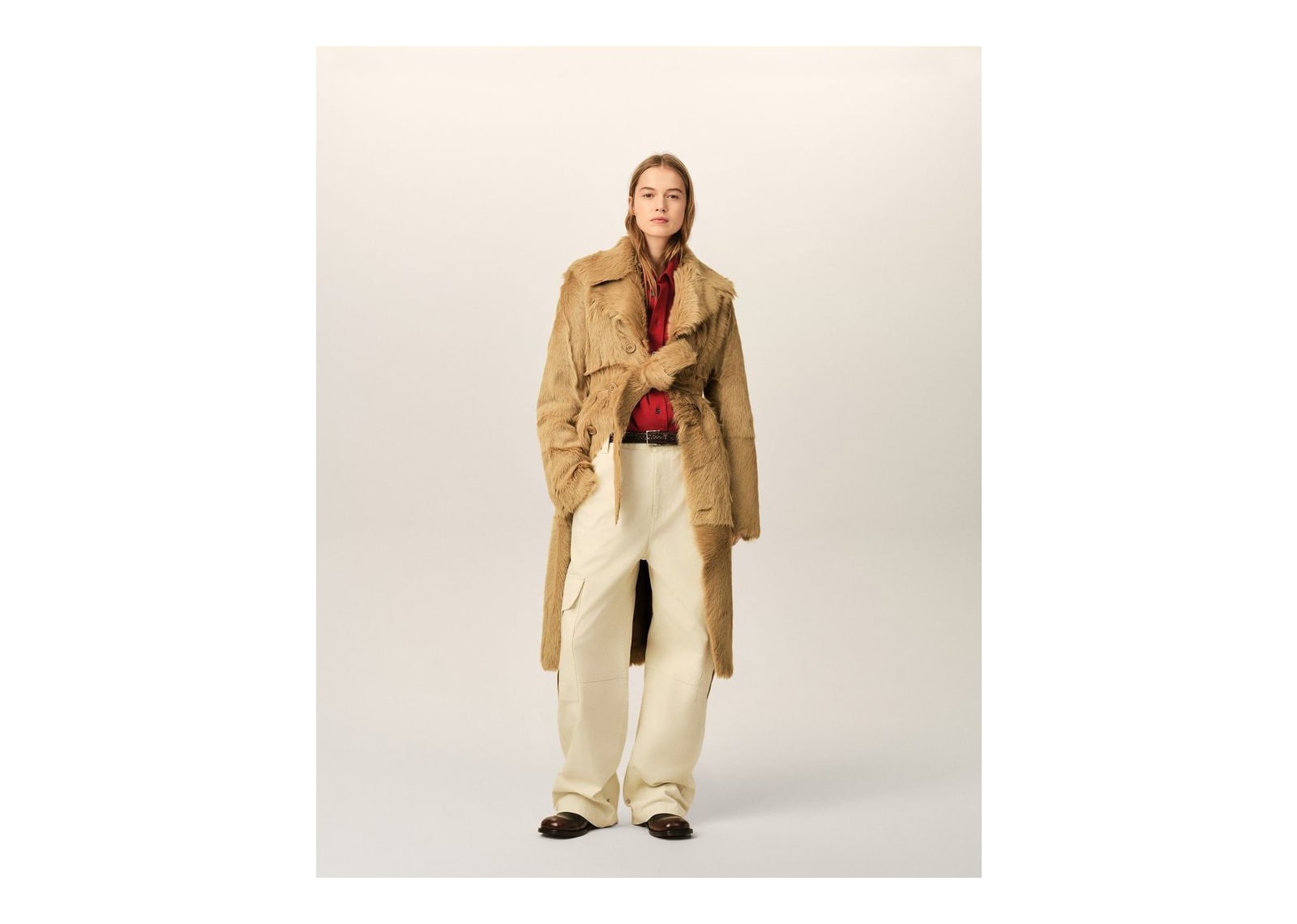 Ami Paris Long Goat Leather Belted Coat Mastic Beige - görsel 8
