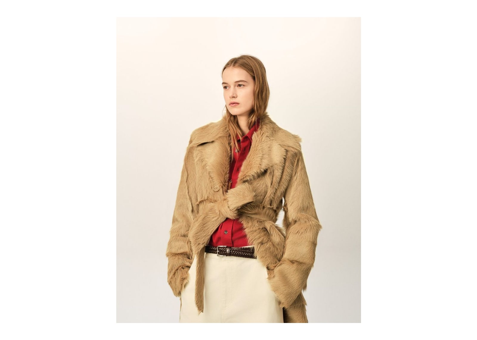 Ami Paris Long Goat Leather Belted Coat Mastic Beige - görsel 9