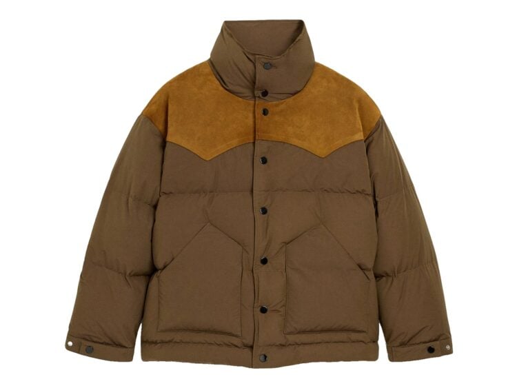 Ami Paris Nylon and Cotton Down Jacket with Leather Panels Chocolate Brown