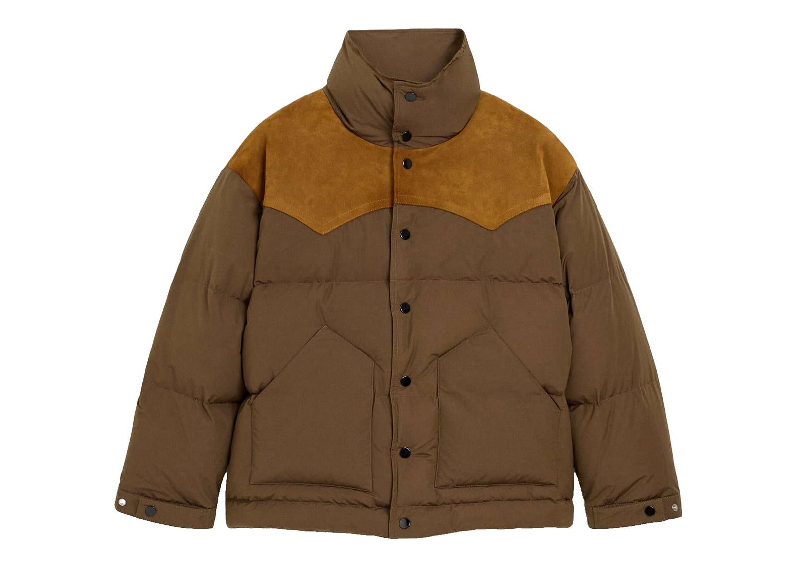 Ami Paris Nylon and Cotton Down Jacket with Leather Panels Chocolate Brown