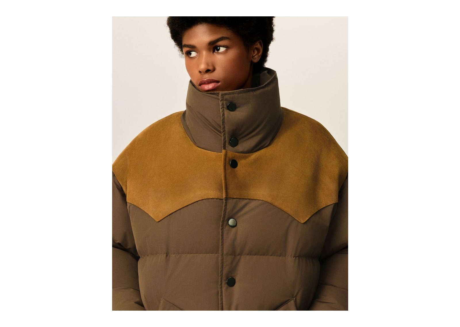 Ami Paris Nylon and Cotton Down Jacket with Leather Panels Chocolate Brown - görsel 10