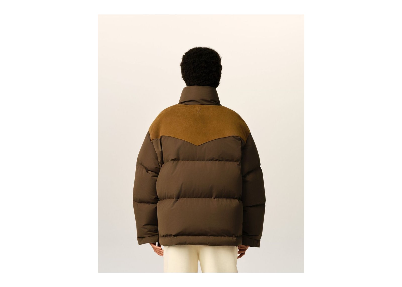 Ami Paris Nylon and Cotton Down Jacket with Leather Panels Chocolate Brown - görsel 11