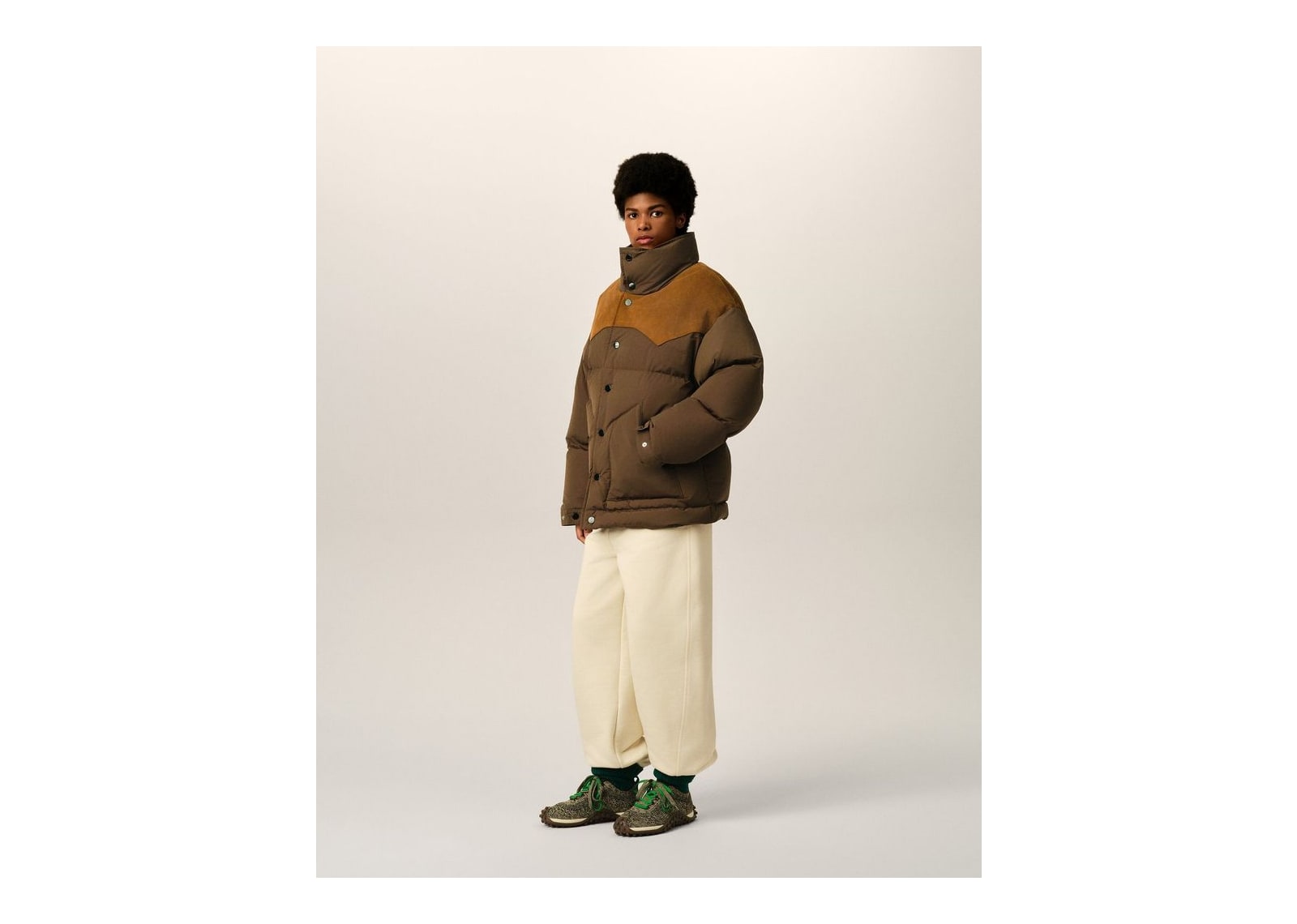Ami Paris Nylon and Cotton Down Jacket with Leather Panels Chocolate Brown - görsel 12