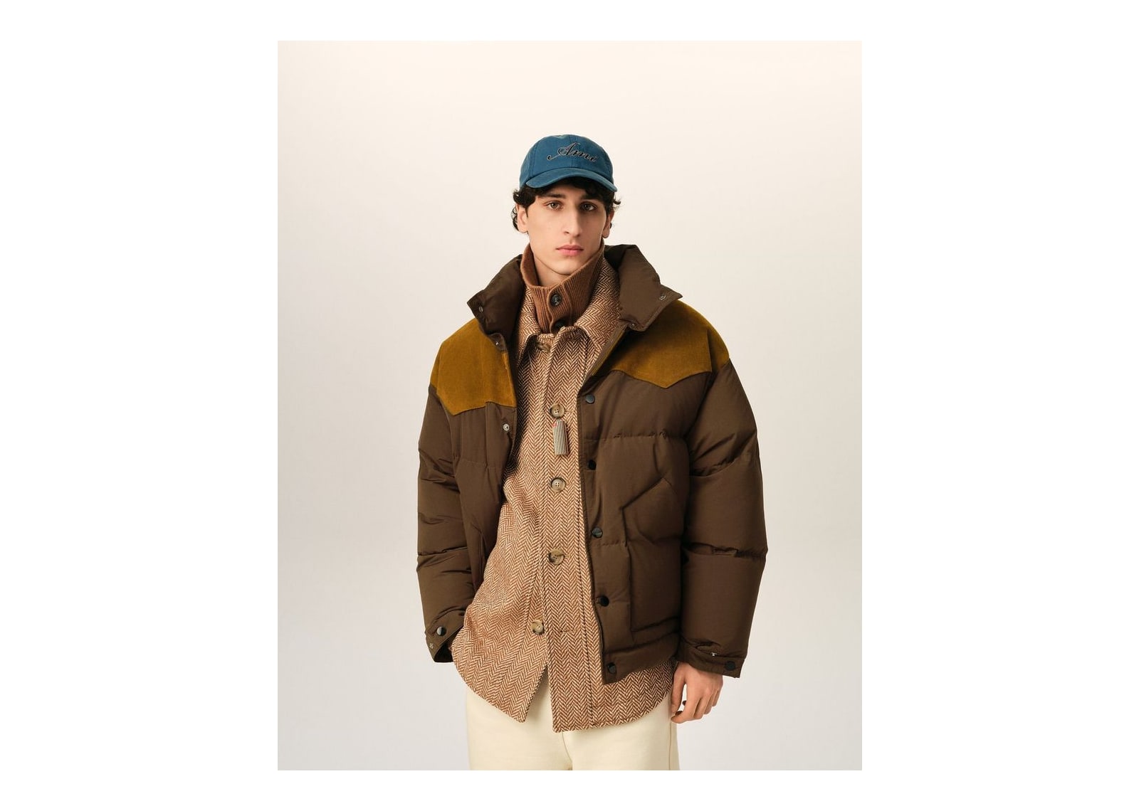 Ami Paris Nylon and Cotton Down Jacket with Leather Panels Chocolate Brown - görsel 3
