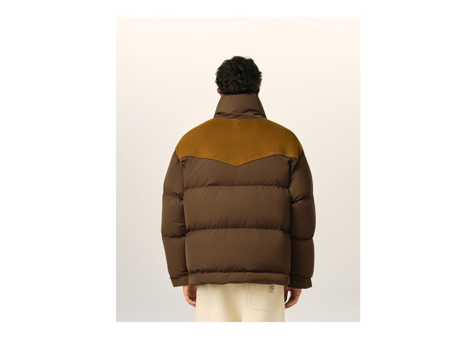 Ami Paris Nylon and Cotton Down Jacket with Leather Panels Chocolate Brown - görsel 5