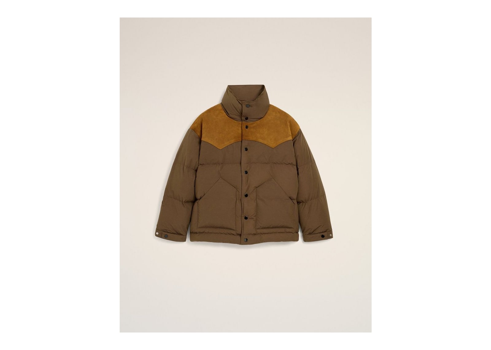 Ami Paris Nylon and Cotton Down Jacket with Leather Panels Chocolate Brown - görsel 7
