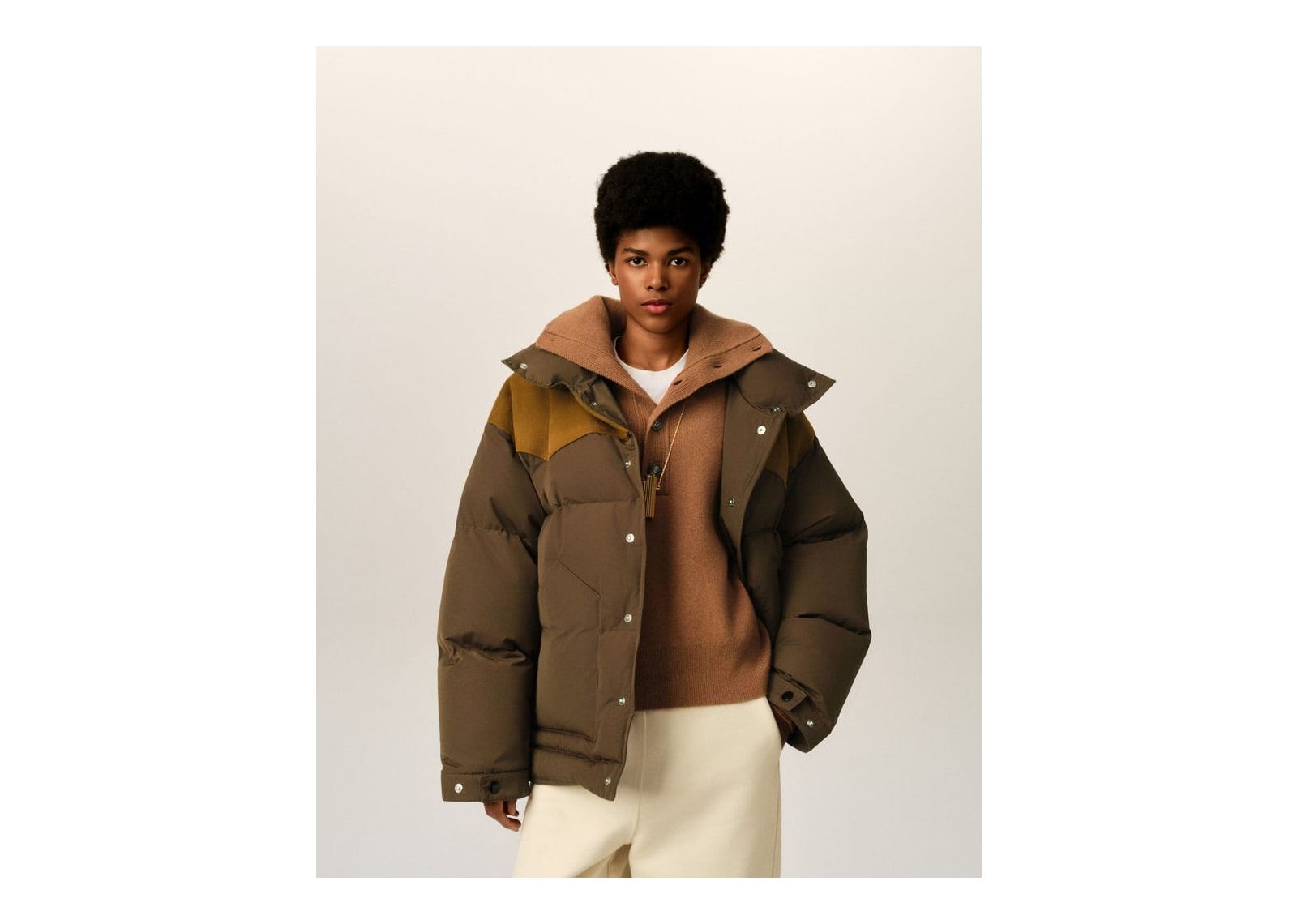 Ami Paris Nylon and Cotton Down Jacket with Leather Panels Chocolate Brown - görsel 9