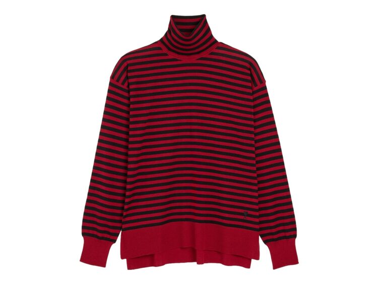 Ami Paris Sailor Striped Wool and Silk Turtleneck Sweater Ruby Red/Black