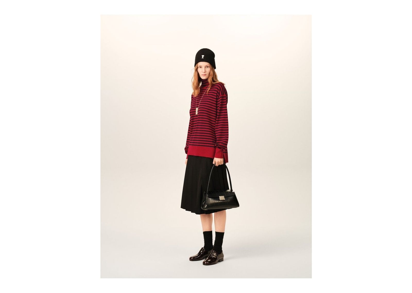Ami Paris Sailor Striped Wool and Silk Turtleneck Sweater Ruby Red/Black - görsel 9