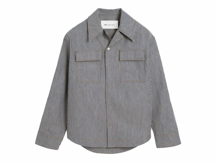 Ami Paris Striped Cotton Camp Collar Overshirt Indigo/Ecru