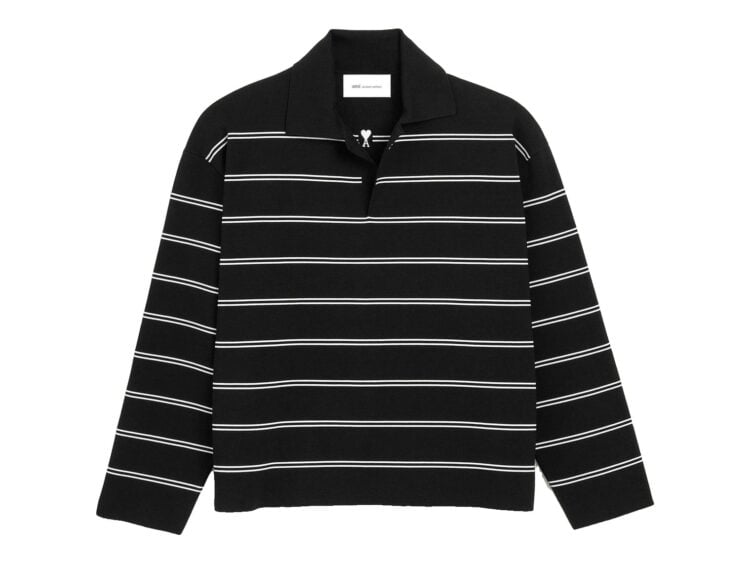 Ami Paris Striped Cotton Polo with Ami Patch Black/White