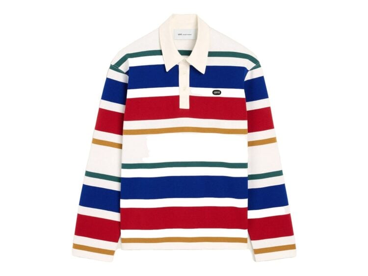 Ami Paris Striped Cotton Polo with Ami Patch White/Blue/Red