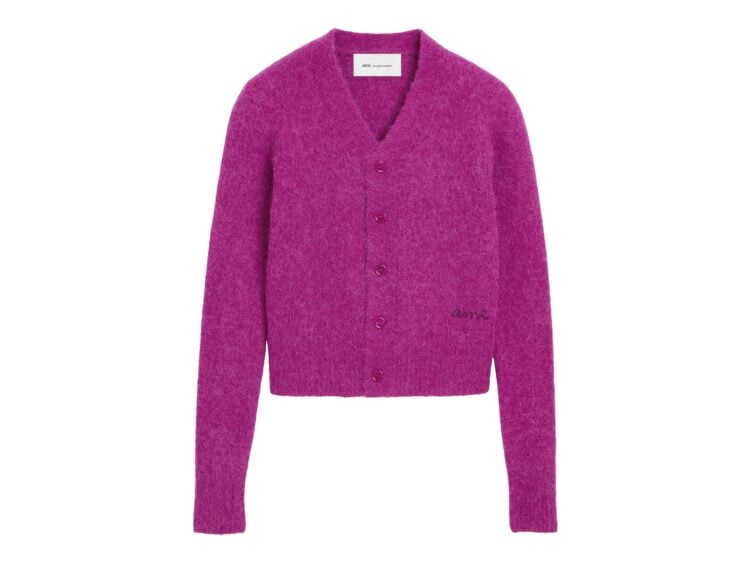 Ami Paris Wool and Alpaca Cardigan with Ami Embroidery Fuchsia (W)