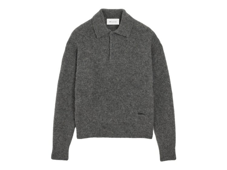 Ami Paris Wool and Alpaca Polo with Ami Embroidery Carbon Grey