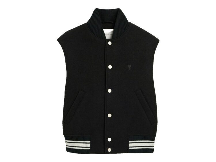 Ami Paris Wool and Leather Padded Teddy Jacket with Ami Paris Embroidery Black