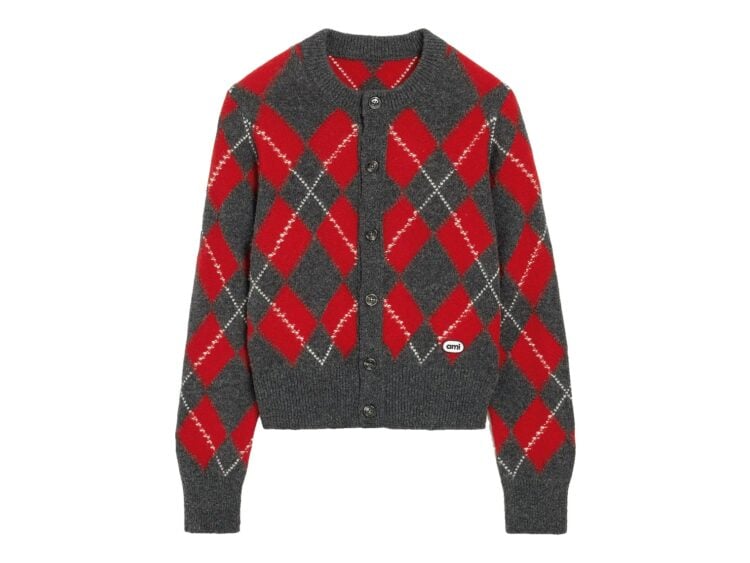 Ami Paris Wool Cardigan in Red Argyle Carbon Grey/Ruby Red (W)