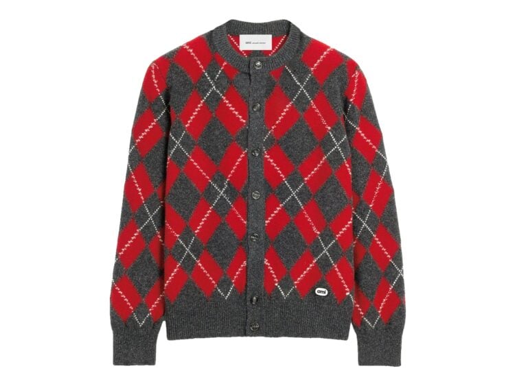 Ami Paris Wool Cardigan in Red Argyle Carbon Grey/Ruby Red