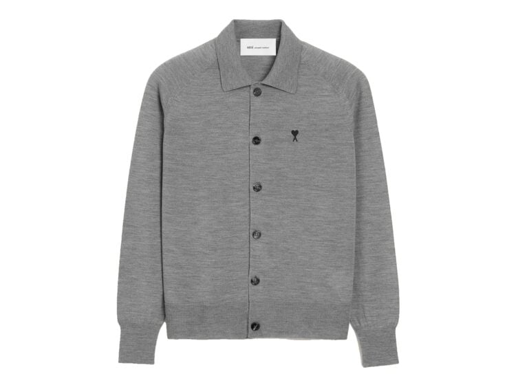 Ami Paris Wool Shirt Collar Ami De Coeur Cardigan Heather Grey/Black