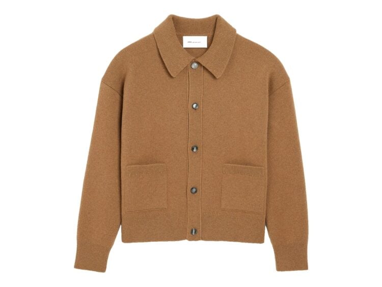 Ami Paris Wool Shirt Collar Cardigan Camel