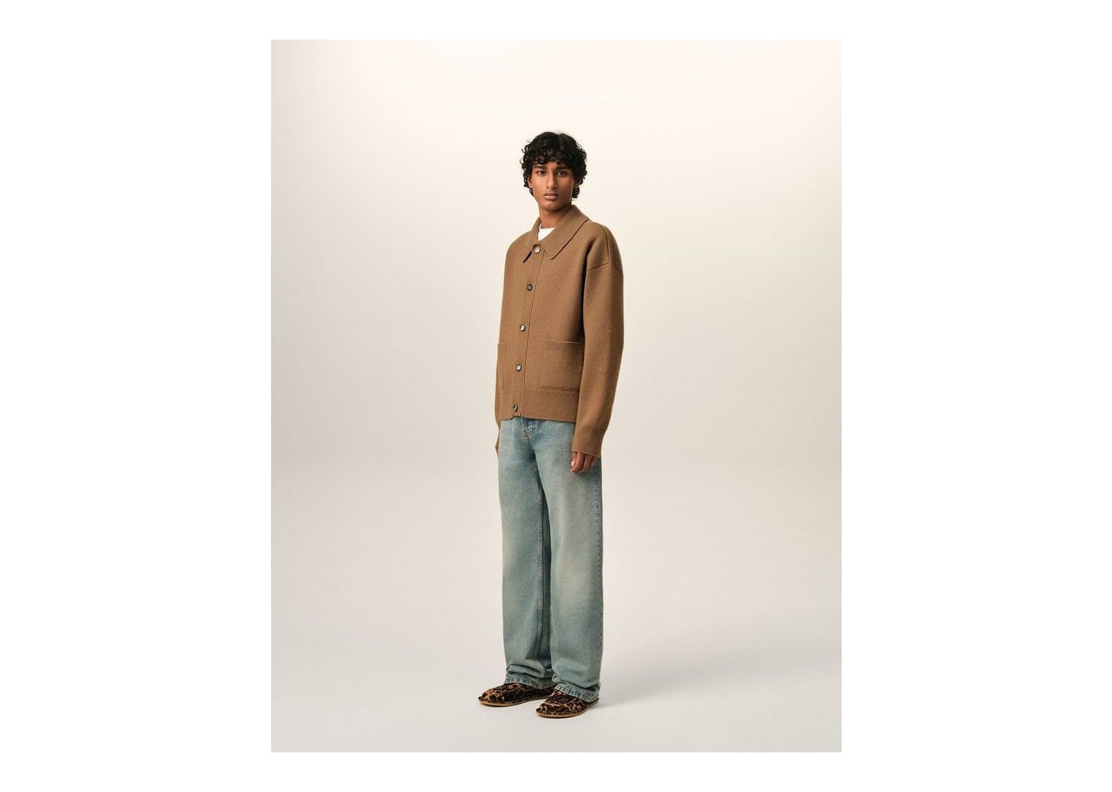 Ami Paris Wool Shirt Collar Cardigan Camel - görsel 6