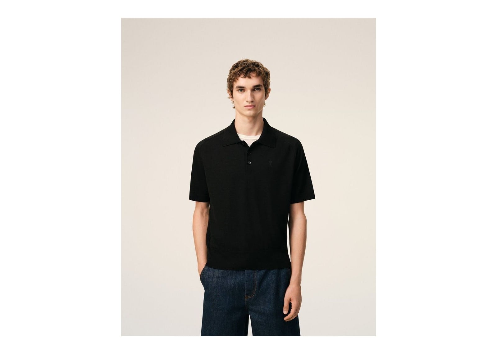 Ami Paris Wool Short Sleeve Ami De Coeur Polo Black/Black - görsel 3