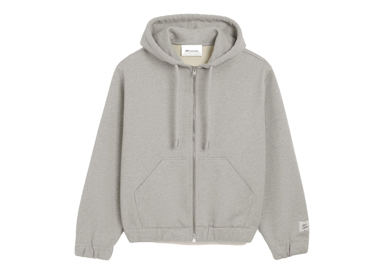 Ami Paris Zipped Cotton Hoodie with Heritage Ami Paris Label Heather Ash Grey