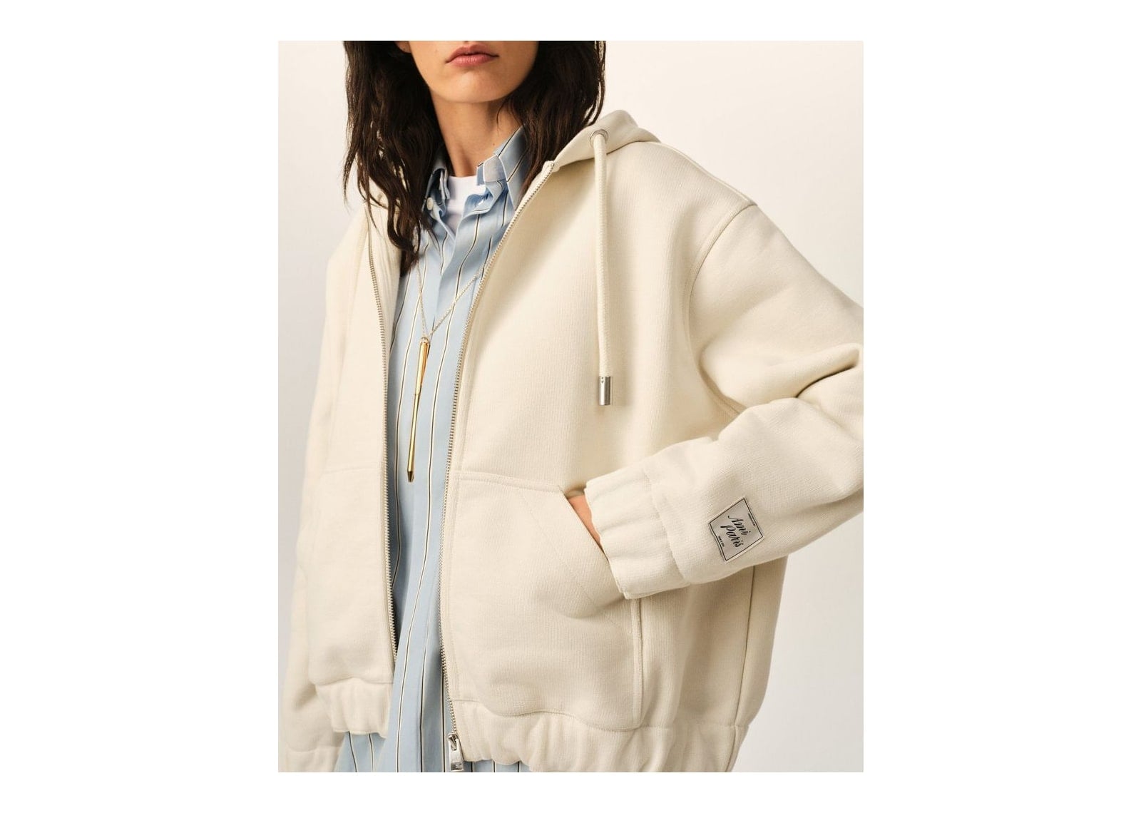 Ami Paris Zipped Cotton Hoodie with Heritage Ami Paris Label Ivory - görsel 11