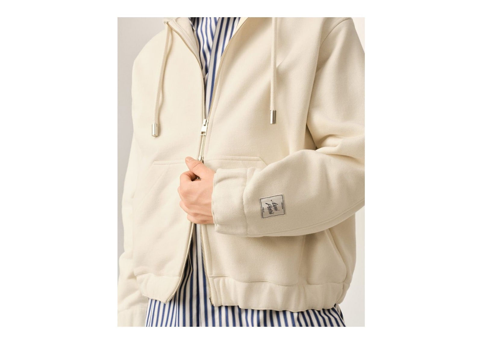 Ami Paris Zipped Cotton Hoodie with Heritage Ami Paris Label Ivory - görsel 4