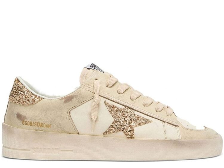 Golden Goose Stardan Ecru Nappa Gold Glitter Star Heel Tab (W)