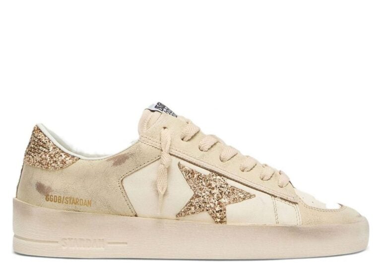 Golden Goose Stardan Ecru Nappa Gold Glitter Star Heel Tab (W)