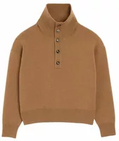 High Buttoned Collar Wool Sweater Camel