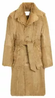 Long Goat Leather Belted Coat Mastic Beige