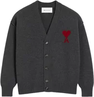 Ami Paris Ami De Coeur Contrasted Merino Wool Cardigan Grey Red