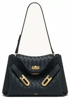 Woven Texture Double Buckle Shoulder Bag Navy Blue