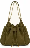 Faux Suede Quilted Chain Bucket Bag Olive Green