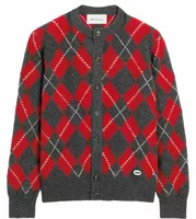 Wool Cardigan in Red Argyle Carbon Grey/Ruby Red