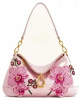 Metal Pendant Embellished Orchid Embroidered Shoulder Bag Pink